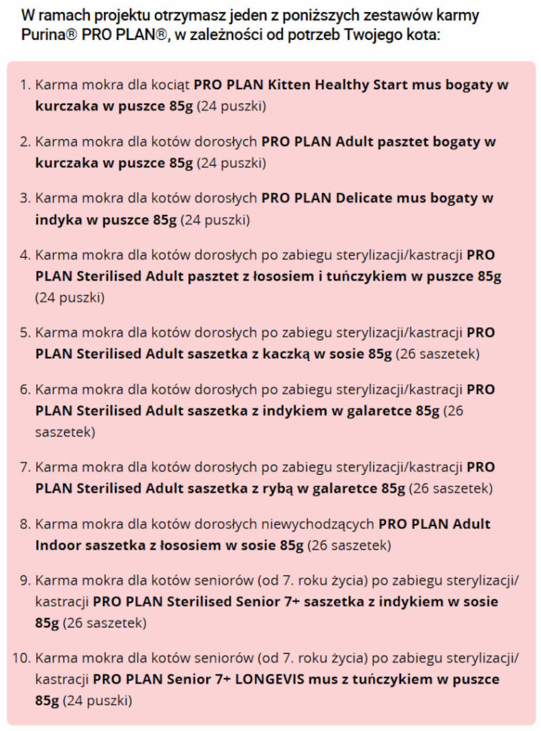 Purina Plan Pro Lista karm dla kota za darmo