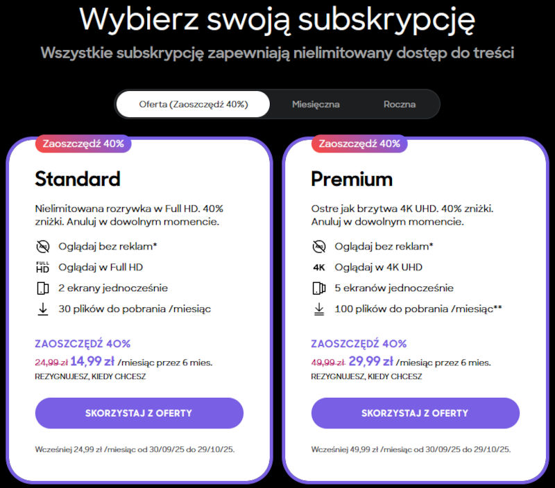 SkyShowtime Polska promocja 40% taniej Standard 14,99 zł i Premium 29,99 zł